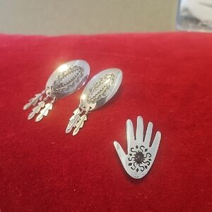 American Indian Sterling Silver  SIGNED Handcrafted Earrings and Pin w Garnite S